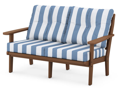 POLYWOOD® Lakeside Deep Seating Loveseat in Teak / Cabana Stripe Sky Blue