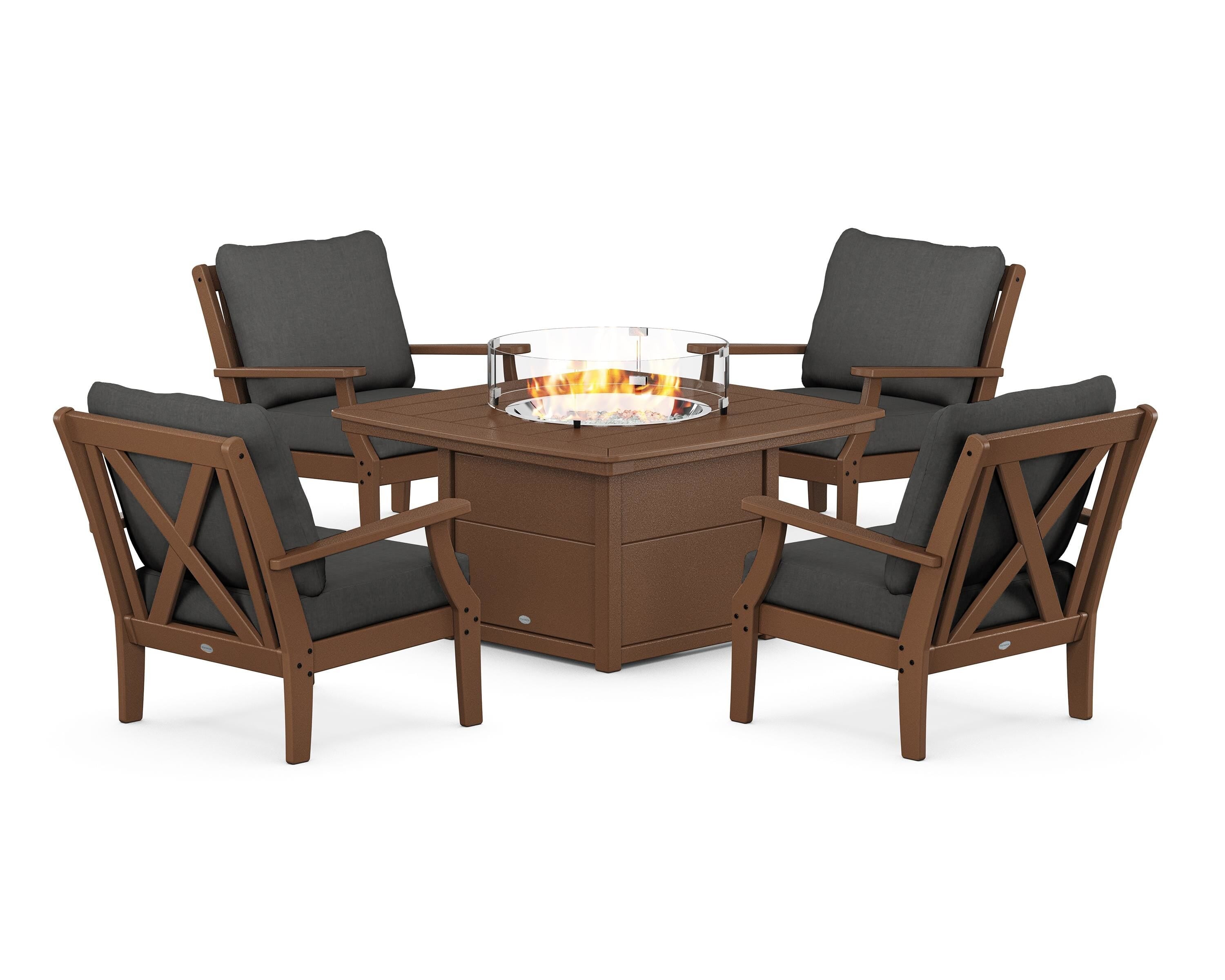 POLYWOOD® Braxton 5-Piece Deep Seating Conversation Set with Fire Pit Table in Teak / Spectrum Carbon