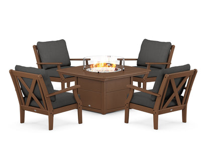 POLYWOOD® Braxton 5-Piece Deep Seating Conversation Set with Fire Pit Table in Teak / Spectrum Carbon