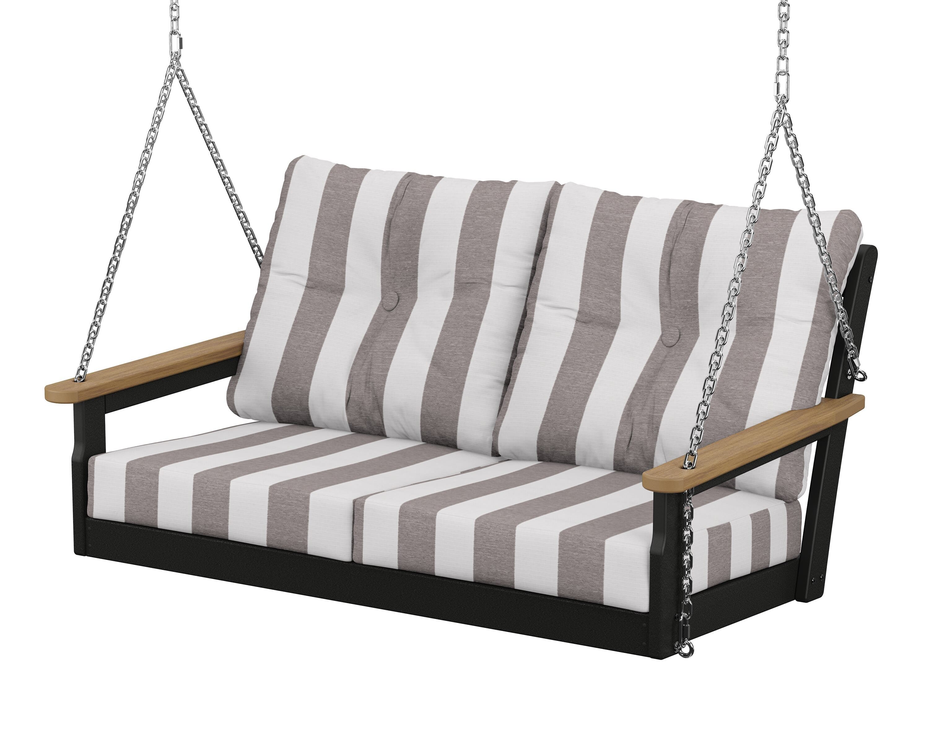 POLYWOOD® Vineyard Deep Seating Swing in Black / Natural / Cabana Stripe Grey Mist