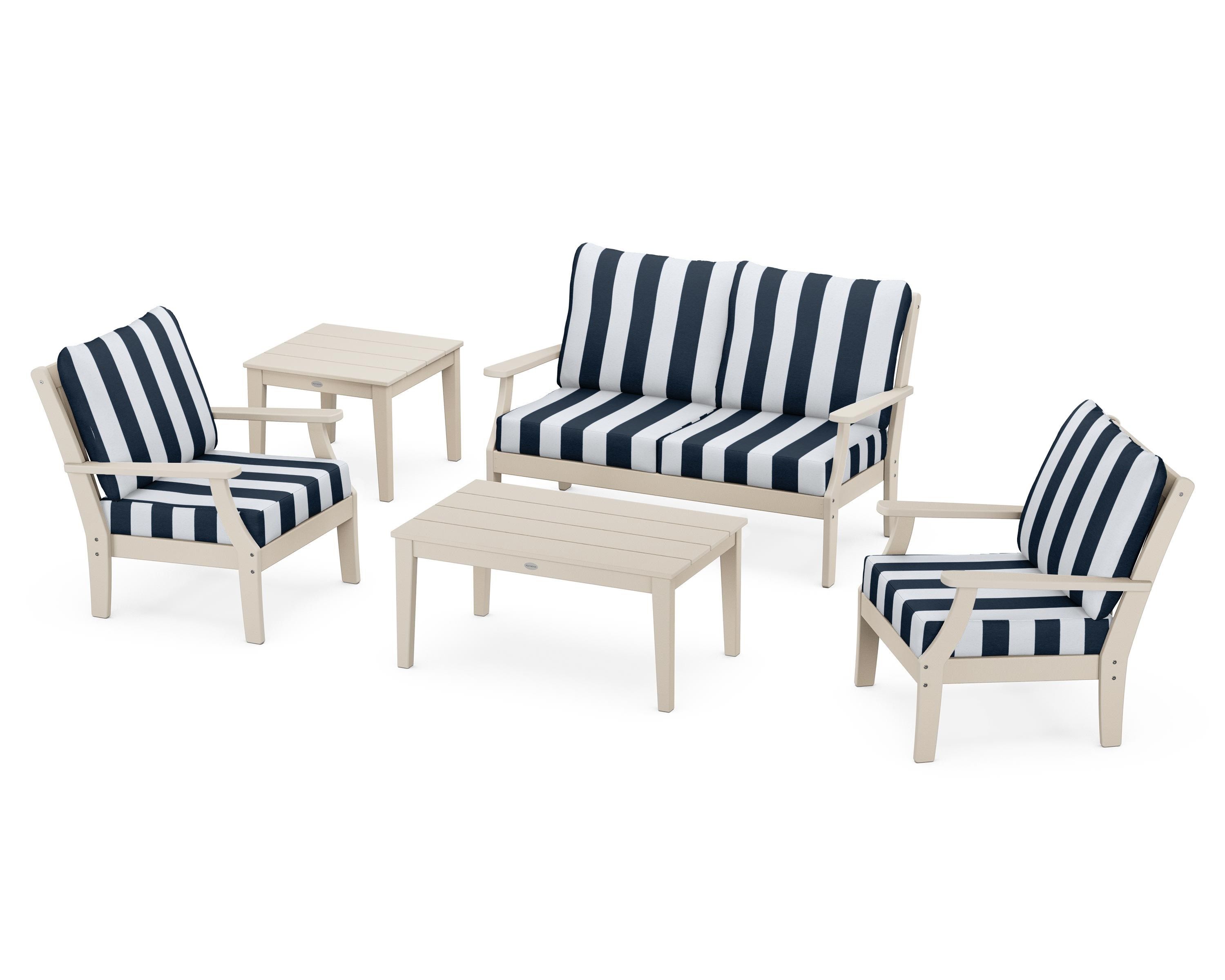 POLYWOOD® Braxton 5-Piece Deep Seating Set in Sand / Cabana Stripe Marine Indigo