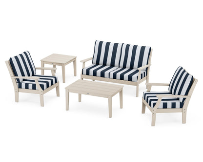 POLYWOOD® Braxton 5-Piece Deep Seating Set in Sand / Cabana Stripe Marine Indigo