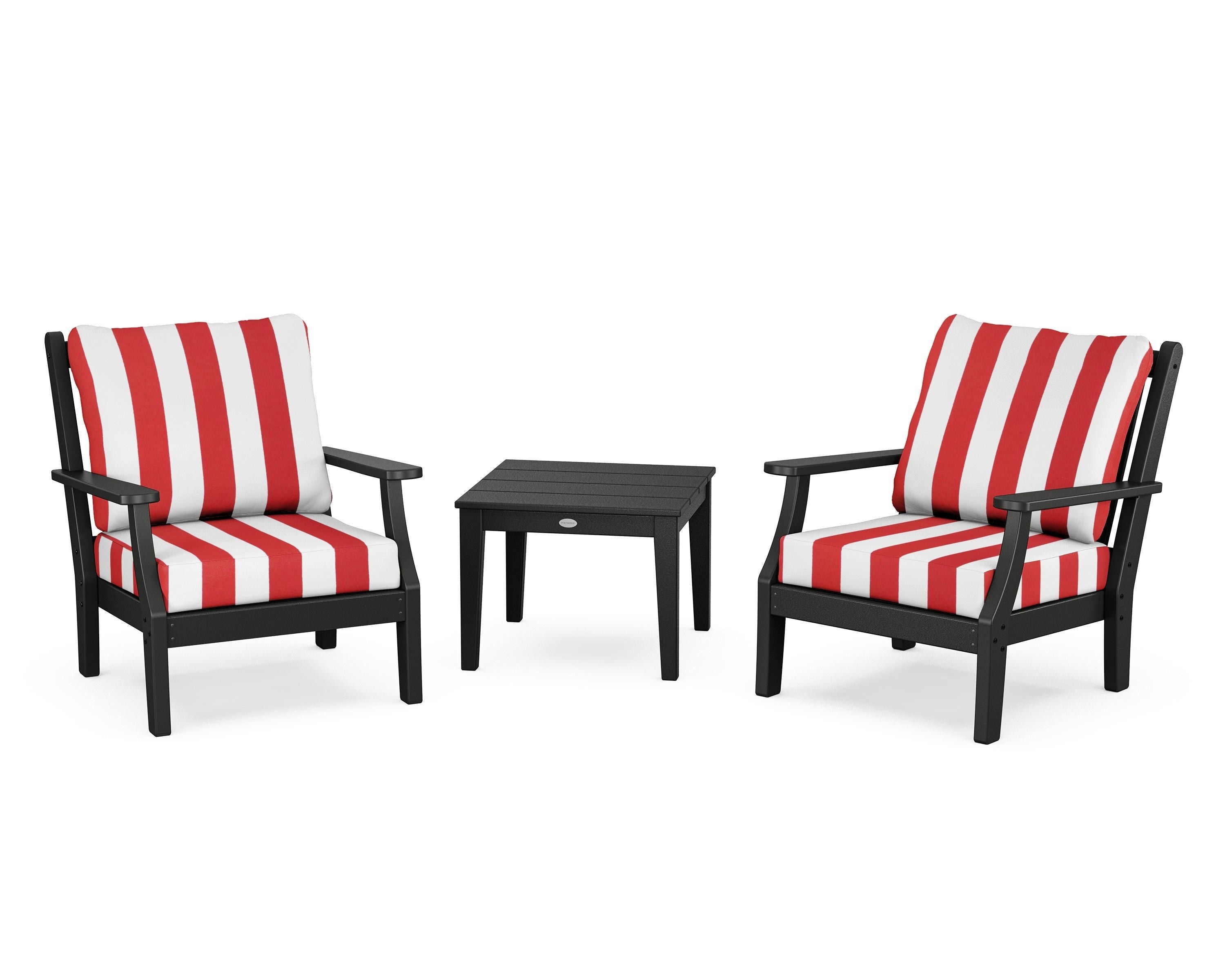 Country Living Wovendale 3-Piece Deep Seating Set in Black / Cabana Stripe Crimson