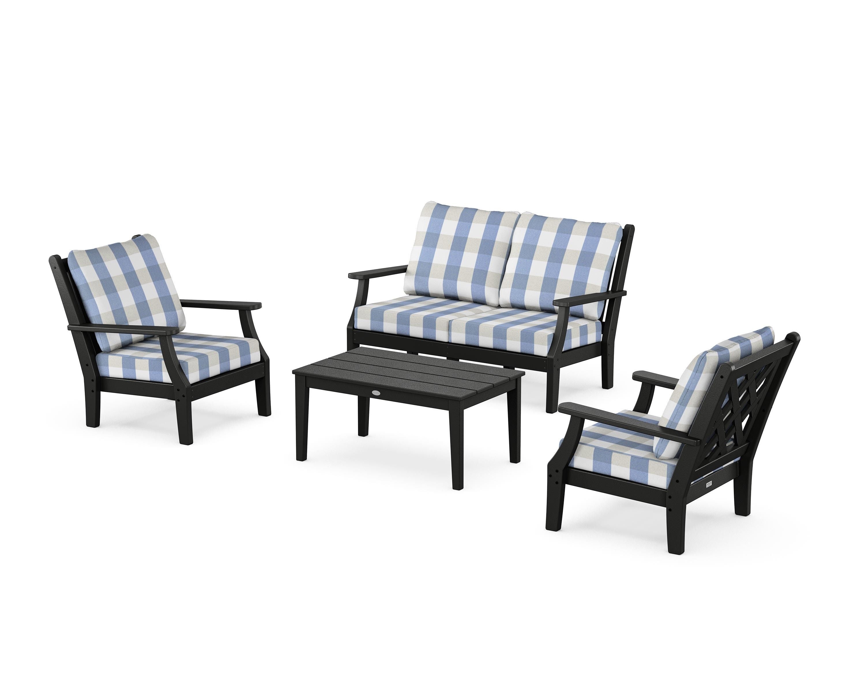 Country Living Wovendale 4-Piece Deep Seating Set with Loveseat in Black / Buffalo Plaid Sky Blue
