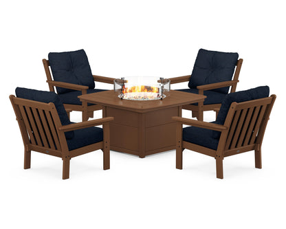 POLYWOOD® Vineyard 5-Piece Conversation Set with Fire Pit Table in Teak / Marine Indigo