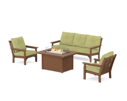 POLYWOOD® Vineyard Deep Seating Fire Pit Table Set in Teak / Chartreuse Boucle