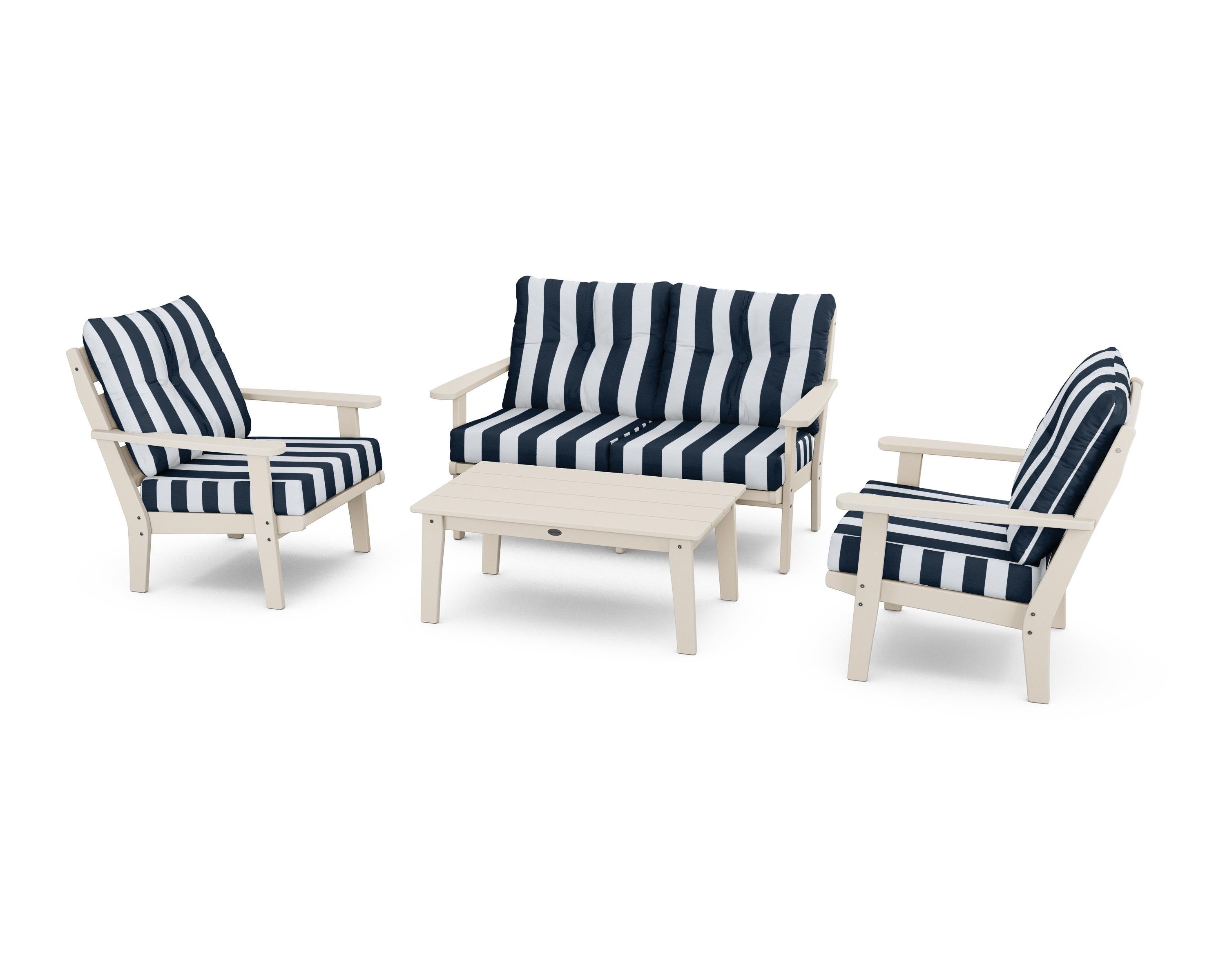 POLYWOOD® Lakeside 4-Piece Deep Seating Set in Sand / Cabana Stripe Marine Indigo