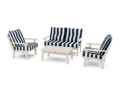 POLYWOOD® Lakeside 4-Piece Deep Seating Set in Sand / Cabana Stripe Marine Indigo