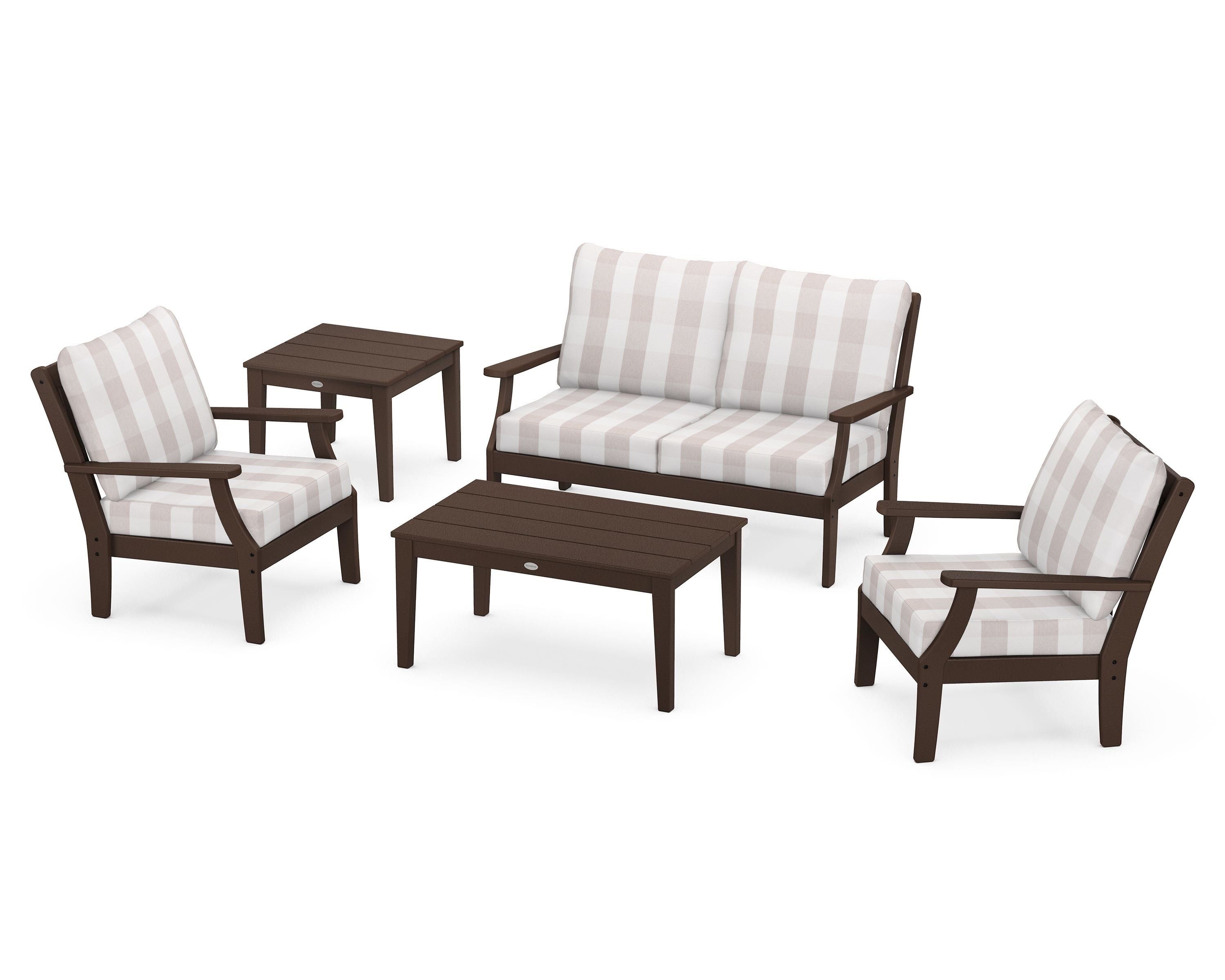 POLYWOOD® Braxton 5-Piece Deep Seating Set in Mahogany / Buffalo Plaid Dune Burlap