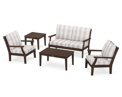POLYWOOD® Braxton 5-Piece Deep Seating Set in Mahogany / Buffalo Plaid Dune Burlap