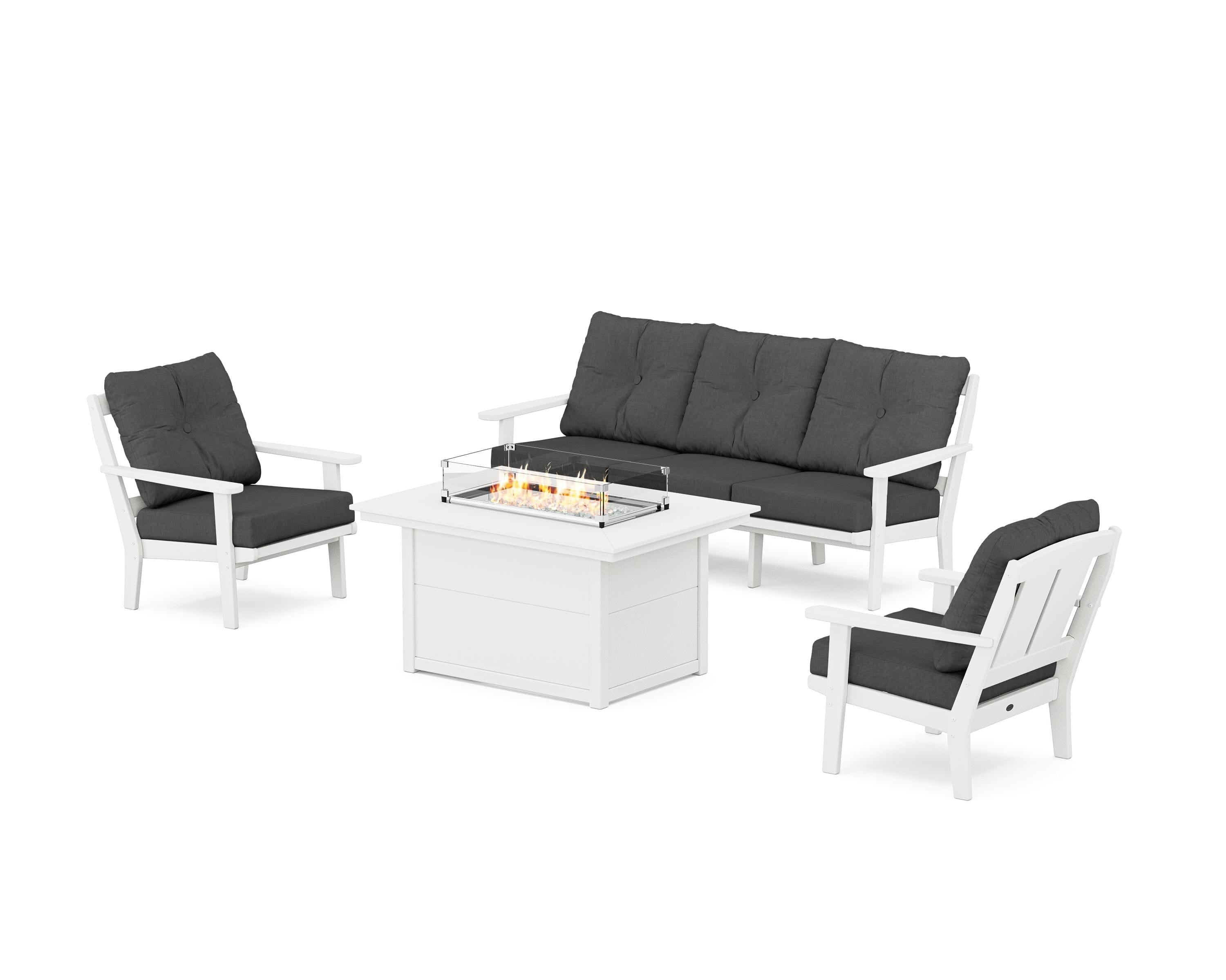 POLYWOOD® Mission Deep Seating Fire Pit Table Set in White / Spectrum Carbon