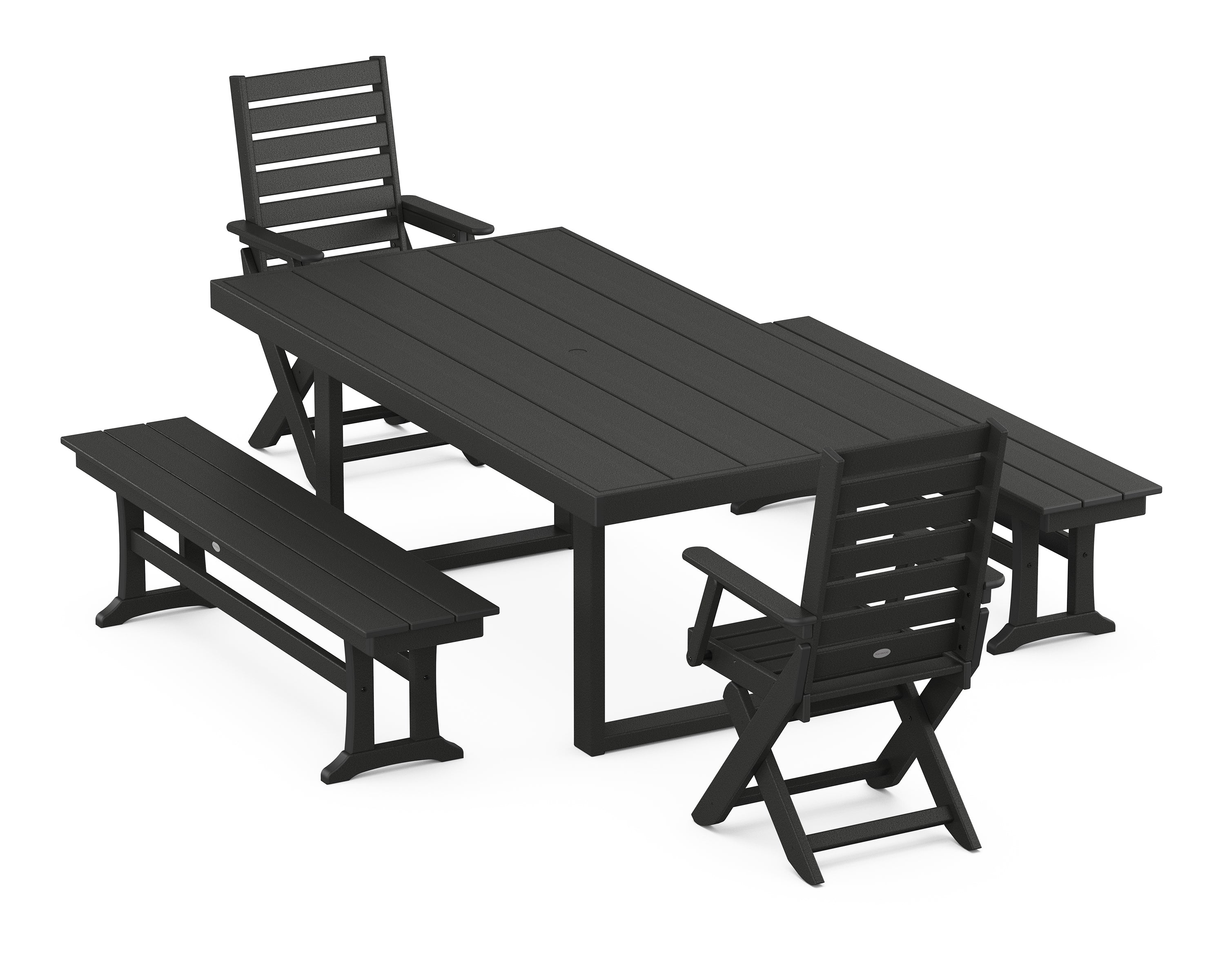POLYWOOD® Captain Folding Chair 5-Piece Dining Set with Benches in Black