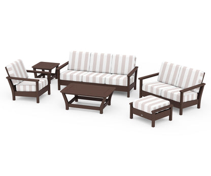 POLYWOOD® Harbour 6-Piece Outdoor Living Set in Mahogany / Cabana Stripe Dune Burlap
