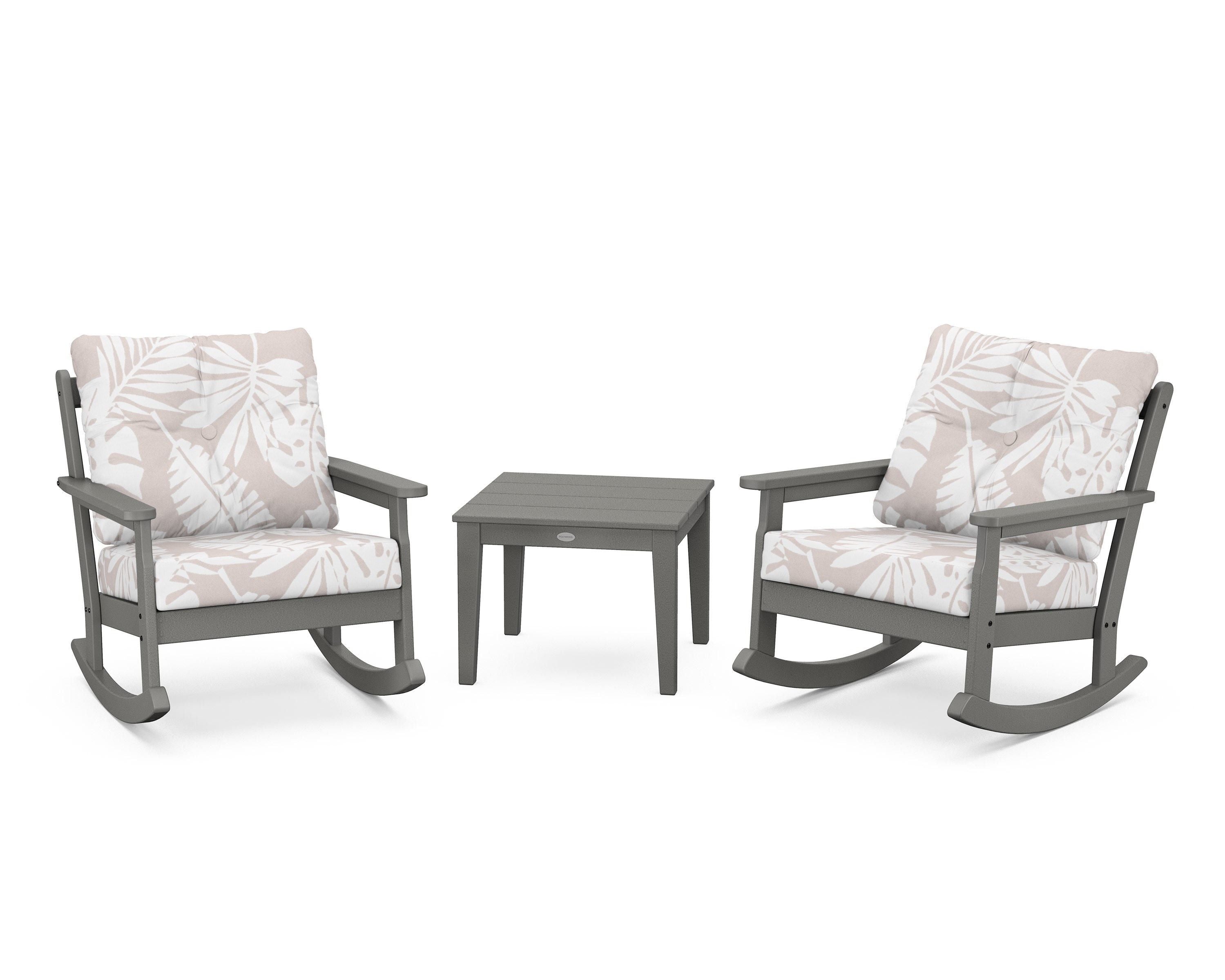 POLYWOOD® Vineyard 3-Piece Deep Seating Rocker Set in Slate Grey / Leaf Dune Burlap