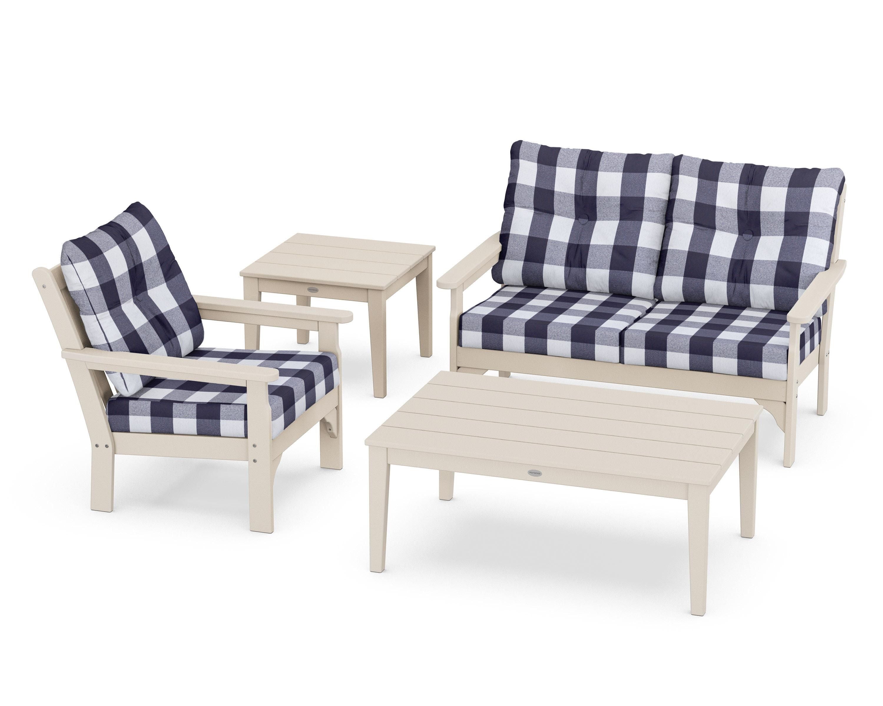 POLYWOOD® Vineyard 4-Piece Deep Seating Set in Sand / Buffalo Plaid Navy