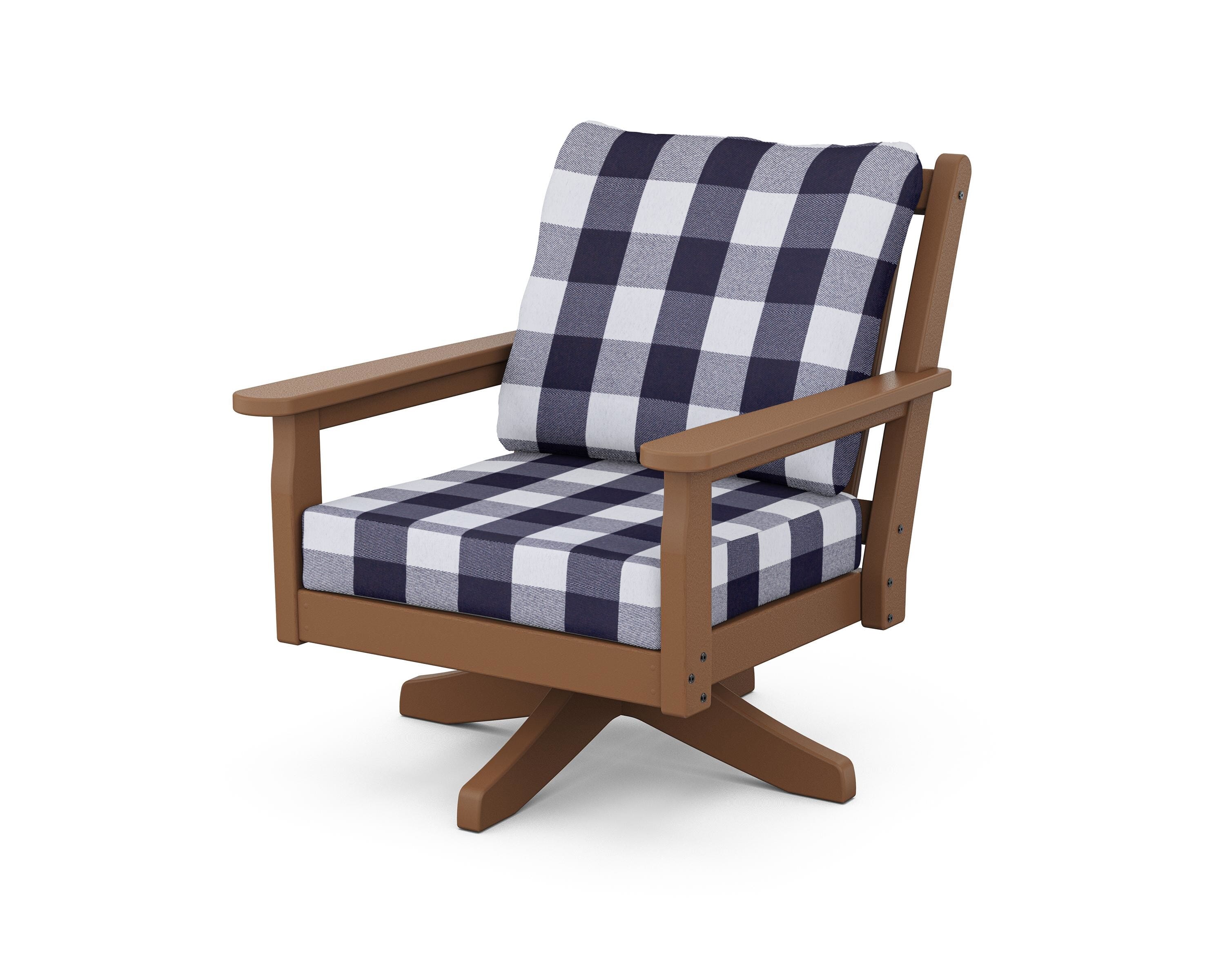 POLYWOOD® Chippendale Deep Seating Swivel Chair in Teak / Buffalo Plaid Navy