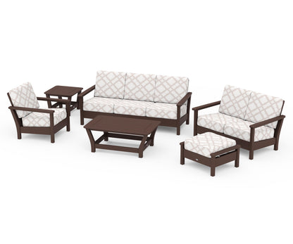 POLYWOOD® Harbour 6-Piece Outdoor Living Set in Mahogany / Trellis Dune Burlap