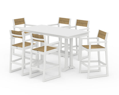 POLYWOOD® EDGE Sling Arm Chair 7-Piece Farmhouse Bar Set with Trestle Legs in White / Burlap Sling