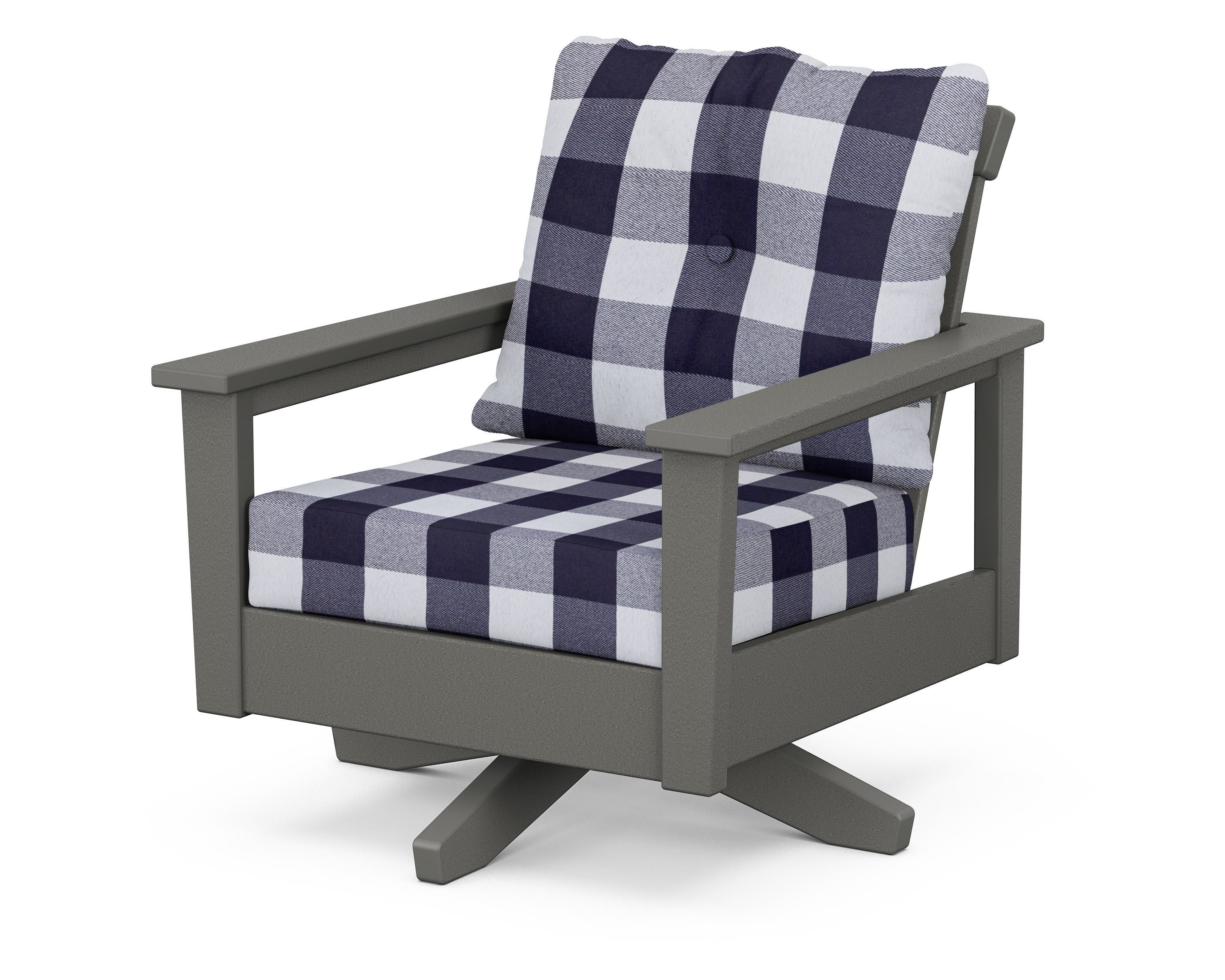 POLYWOOD® Prescott Deep Seating Swivel Chair in Slate Grey / Buffalo Plaid Navy