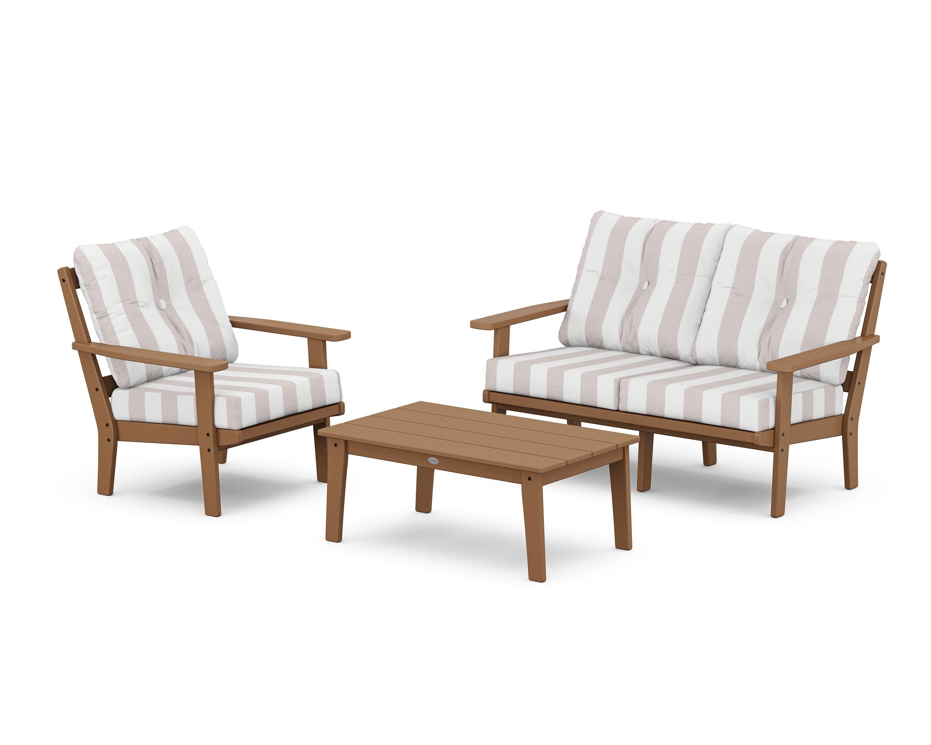 POLYWOOD® Prairie 3-Piece Deep Seating Set with Loveseat in Teak / Cabana Stripe Dune Burlap