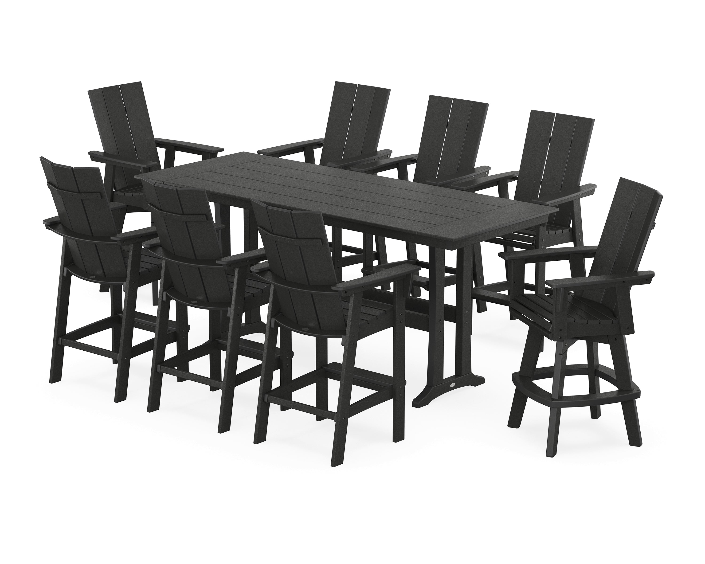 POLYWOOD® Modern Curveback Adirondack Swivel 9-Piece Farmhouse Bar Set with Trestle Legs in Black