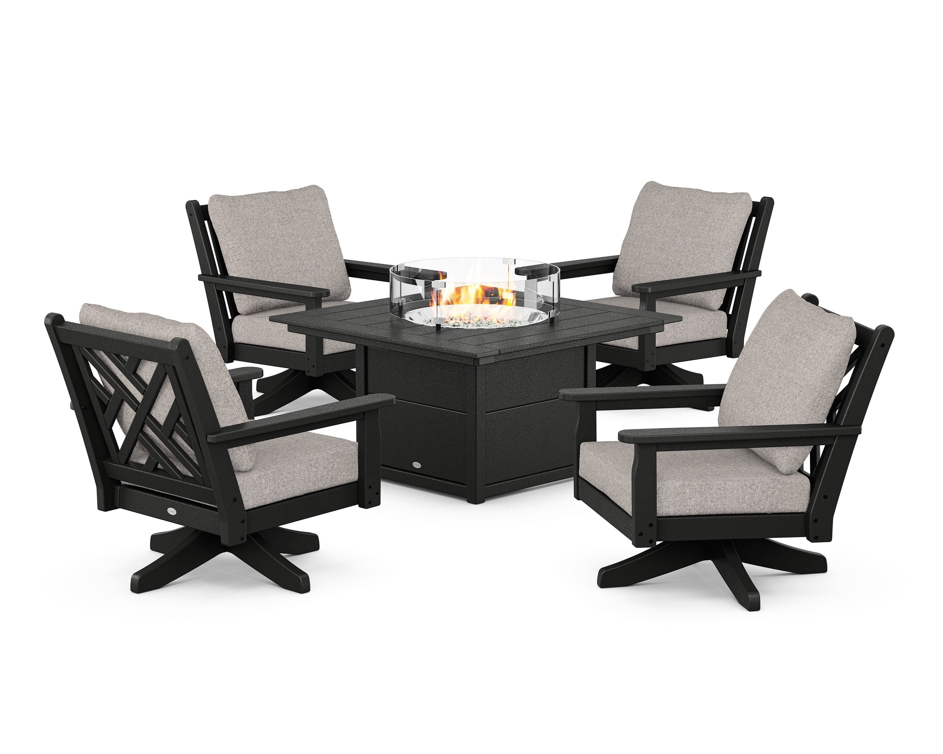 POLYWOOD® Chippendale 5-Piece Deep Seating Swivel Conversation Set with Fire Pit Table in Black / Weathered Tweed