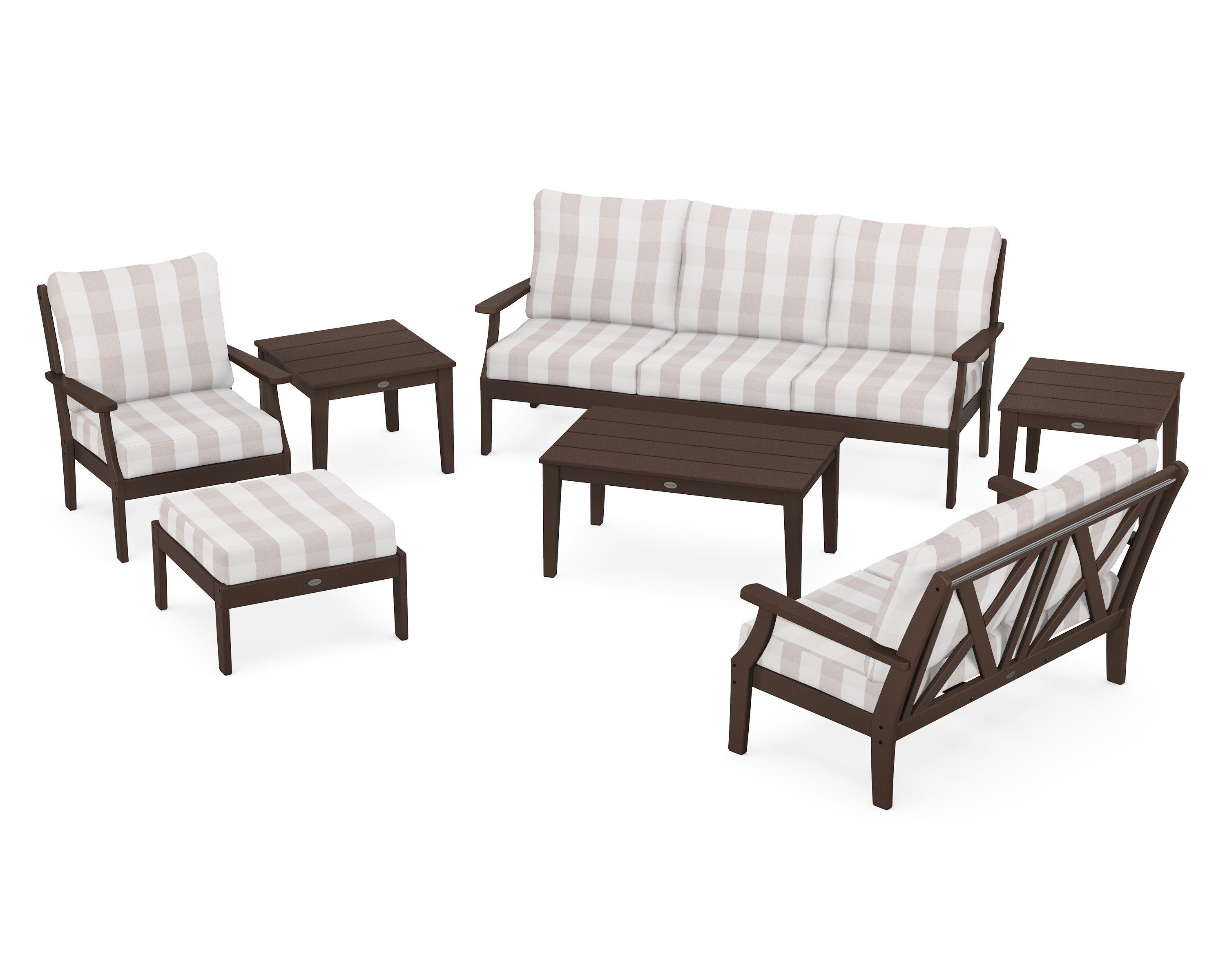 POLYWOOD® Braxton 7-Piece Deep Seating Set in Mahogany / Buffalo Plaid Dune Burlap