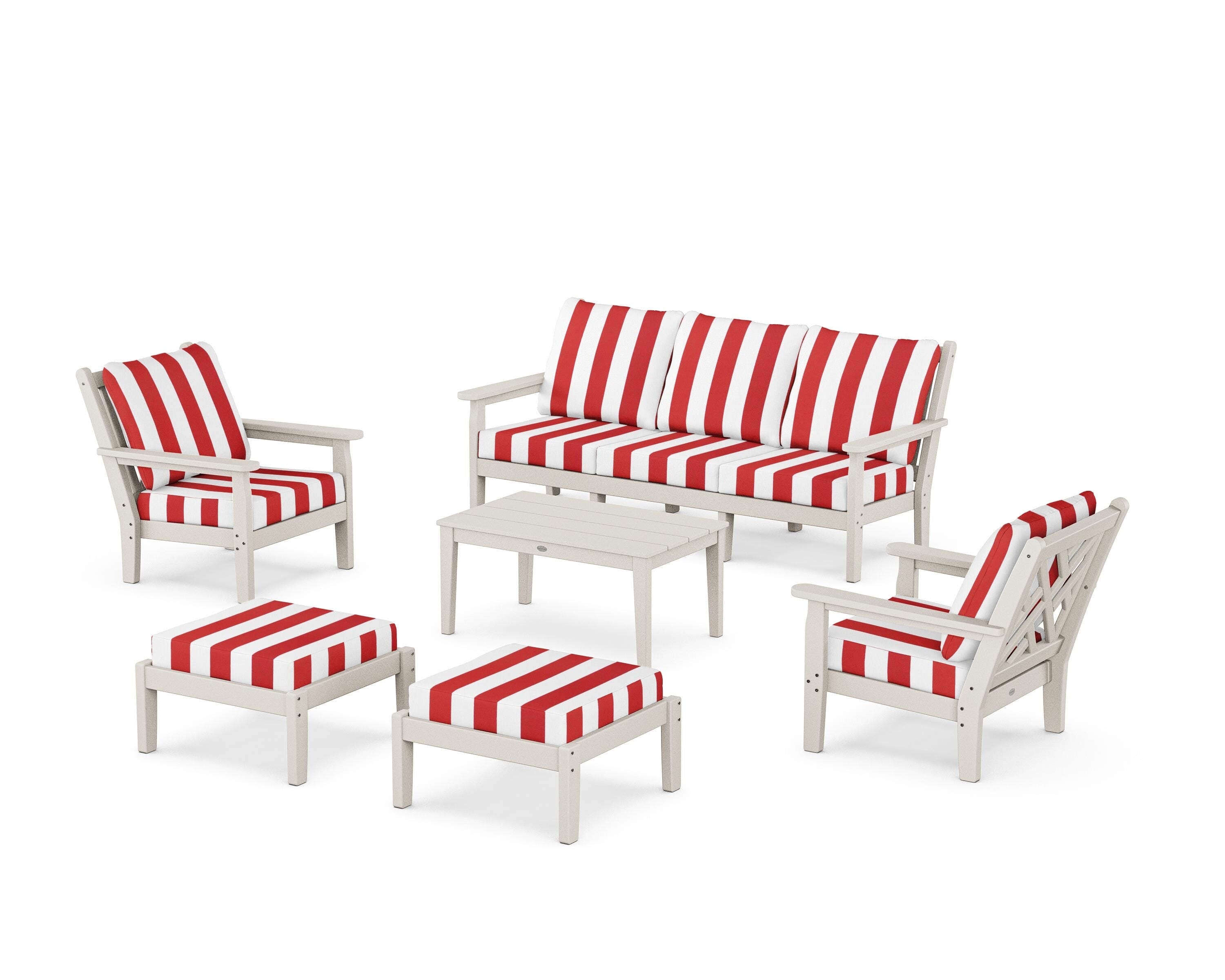 POLYWOOD® Chippendale 6-Piece Lounge Sofa Set in Sand / Cabana Stripe Crimson