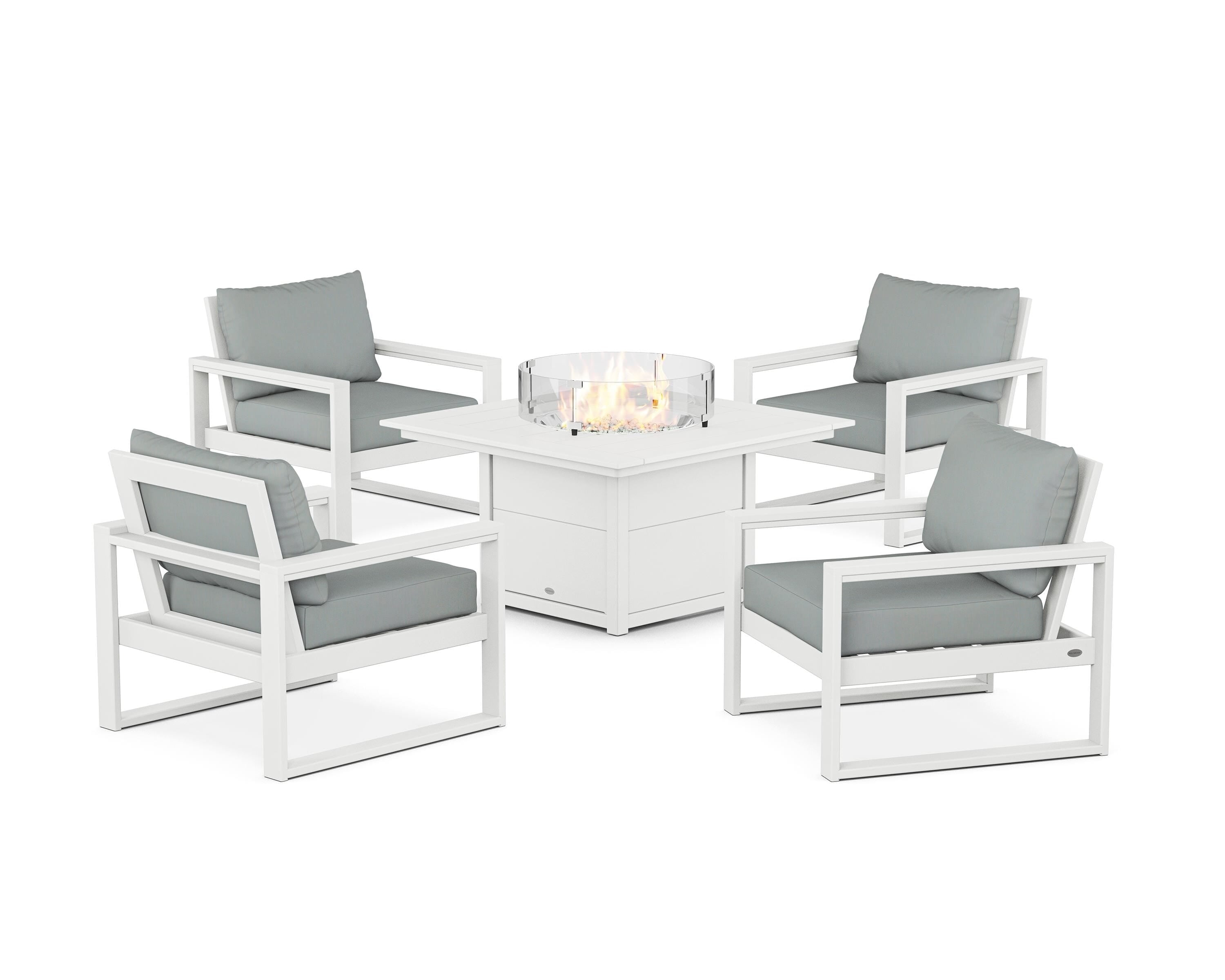 POLYWOOD® EDGE Sectional 5-Piece Deep Seating Set with Fire Pit Table in White / Spa