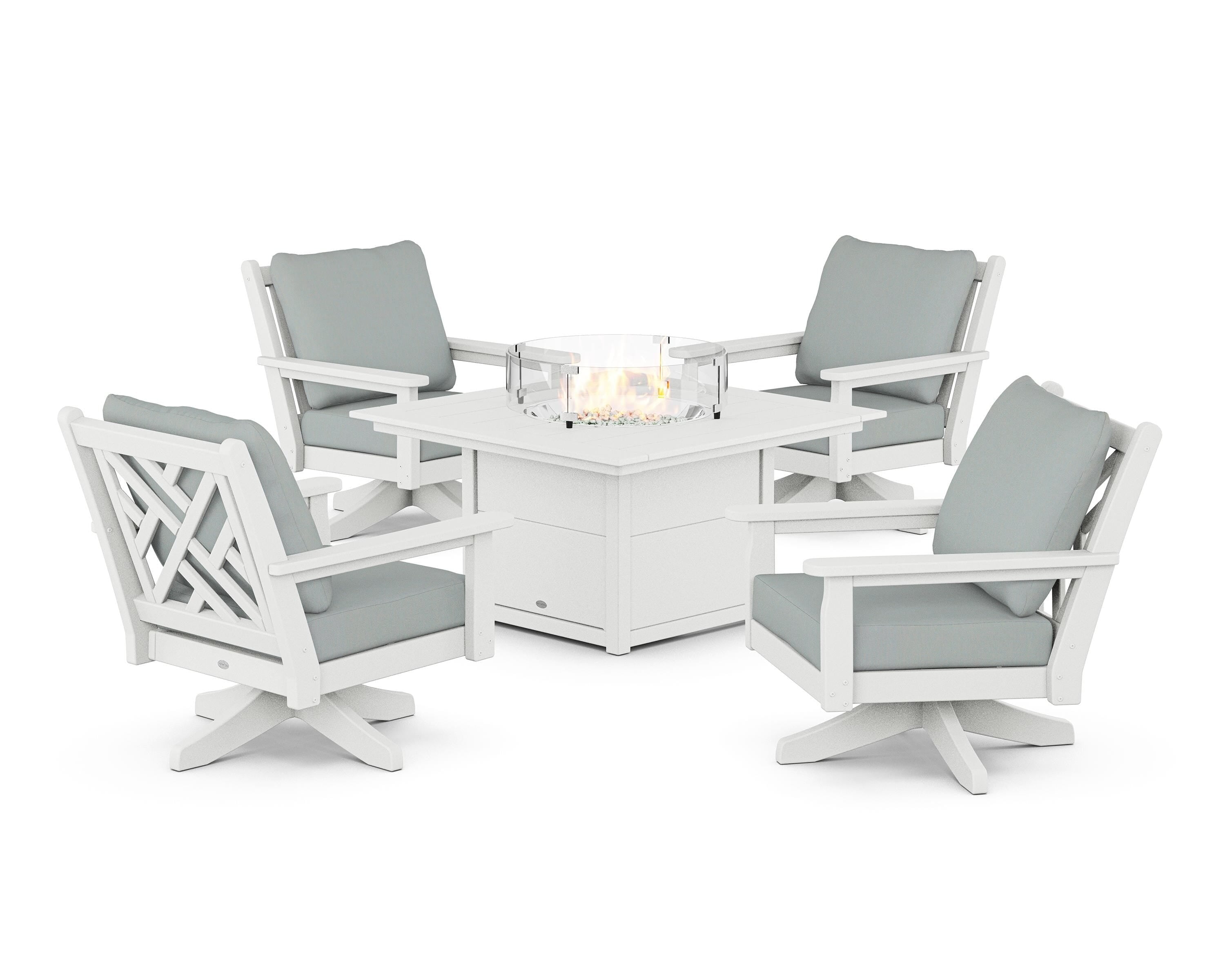POLYWOOD® Chippendale 5-Piece Deep Seating Swivel Conversation Set with Fire Pit Table in White / Spa