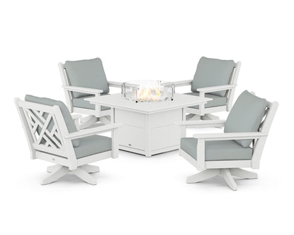 POLYWOOD® Chippendale 5-Piece Deep Seating Swivel Conversation Set with Fire Pit Table in White / Spa