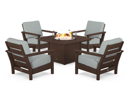 POLYWOOD® Harbour 5-Piece Conversation Set with Fire Pit Table in Mahogany / Spa