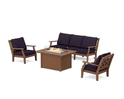Martha Stewart by POLYWOOD® Chinoiserie Deep Seating Fire Pit Table Set in Teak / Navy Linen