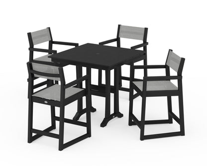 POLYWOOD® EDGE Sling Arm Chair 5-Piece Farmhouse Counter Set with Trestle Legs in Black / Metallic Sling