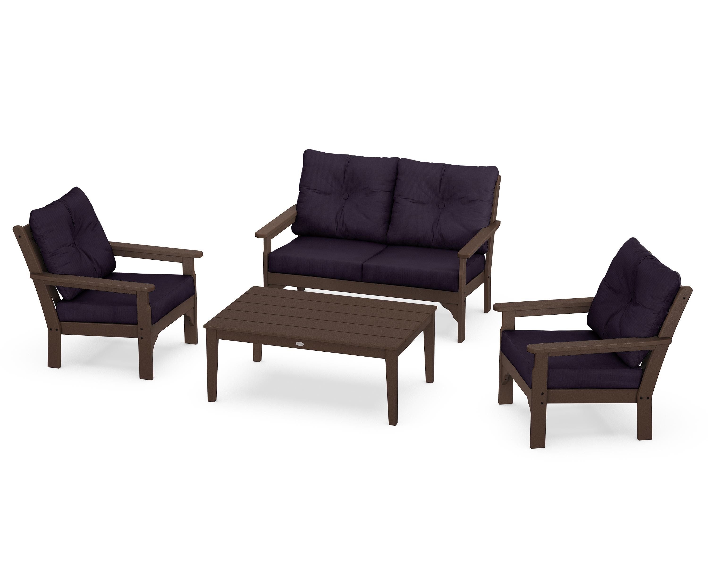 POLYWOOD® Vineyard 4-Piece Deep Seating Set in Mahogany / Navy Linen