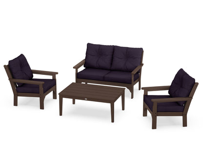 POLYWOOD® Vineyard 4-Piece Deep Seating Set in Mahogany / Navy Linen