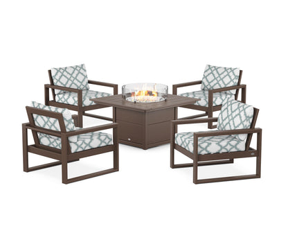 POLYWOOD® EDGE Sectional 5-Piece Deep Seating Set with Fire Pit Table in Mahogany / Trellis Glacier Spa
