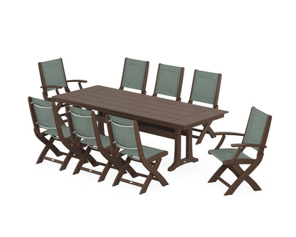 POLYWOOD® Coastal 9-Piece Folding Dining Chair Farmhouse Dining Set with Trestle Legs in Mahogany / Dupioni Sea Mist Sling