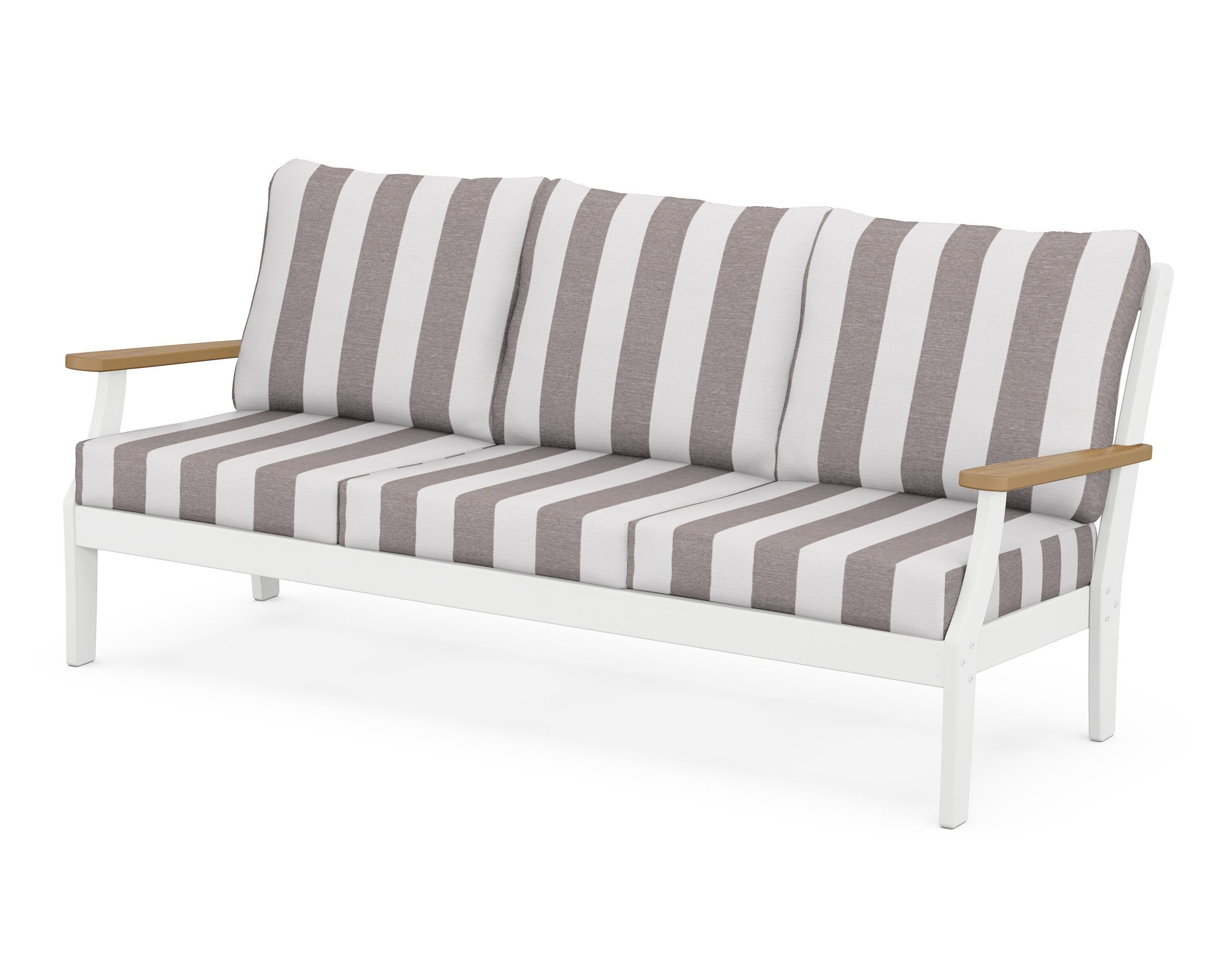 POLYWOOD® Braxton Deep Seating Sofa in White / Natural / Cabana Stripe Grey Mist