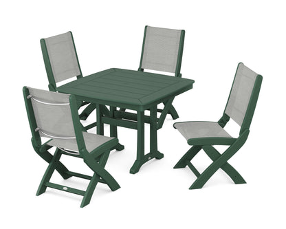 POLYWOOD® Coastal Folding Side Chair 5-Piece Dining Set with Trestle Legs in Green / Metallic Sling