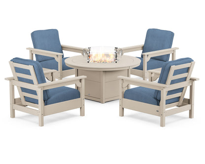 POLYWOOD® Club 5-Piece Conversation Set with Fire Pit Table in Sand / Sky Blue