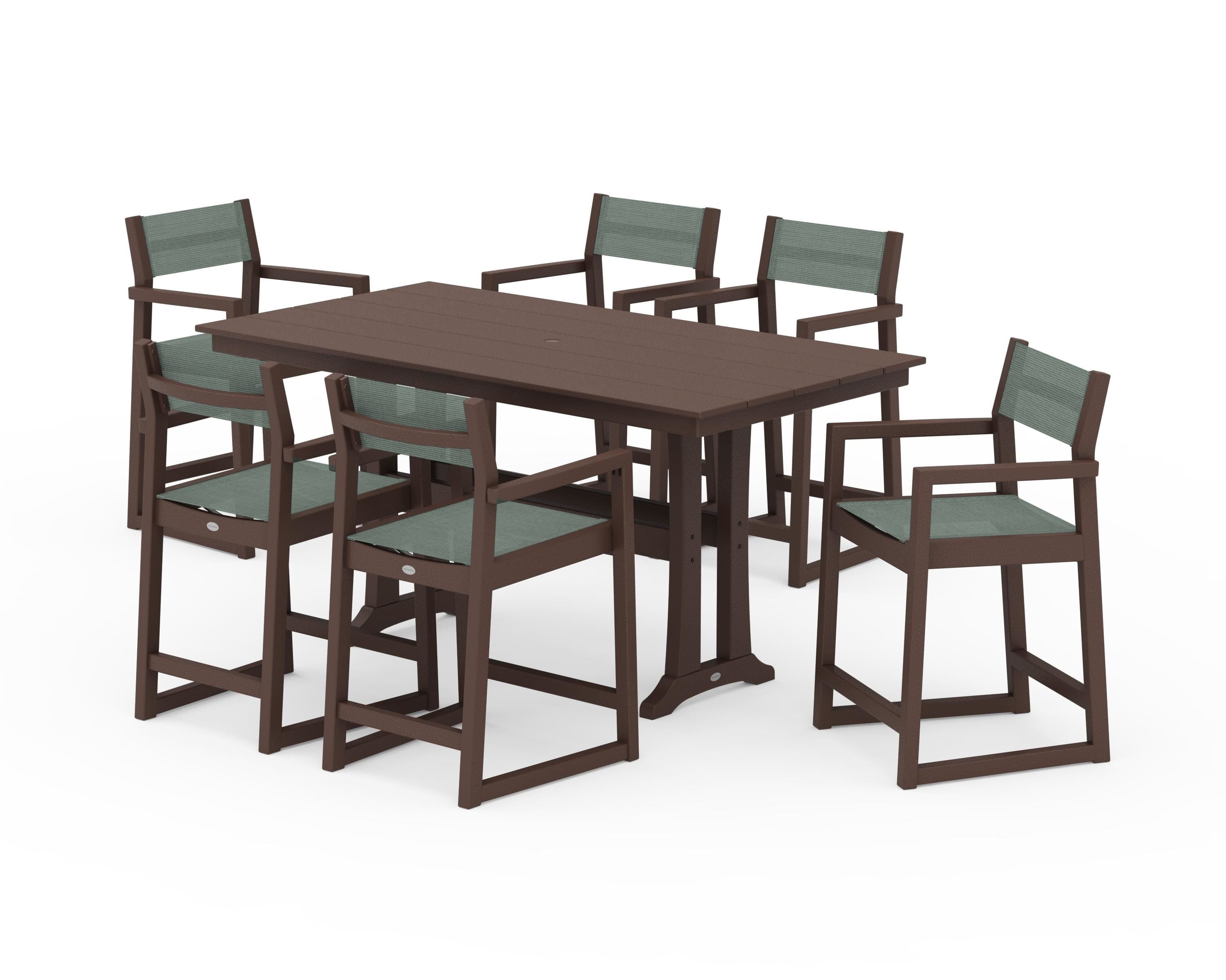 POLYWOOD® EDGE Sling Arm Chair 7-Piece Farmhouse Counter Set with Trestle Legs in Mahogany / Dupioni Sea Mist Sling