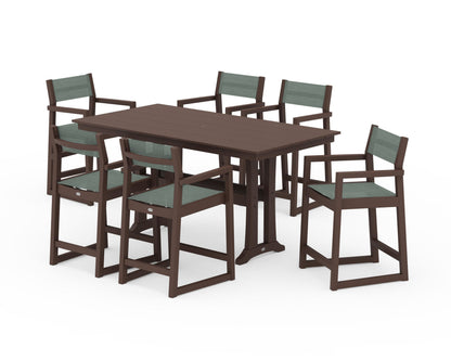POLYWOOD® EDGE Sling Arm Chair 7-Piece Farmhouse Counter Set with Trestle Legs in Mahogany / Dupioni Sea Mist Sling