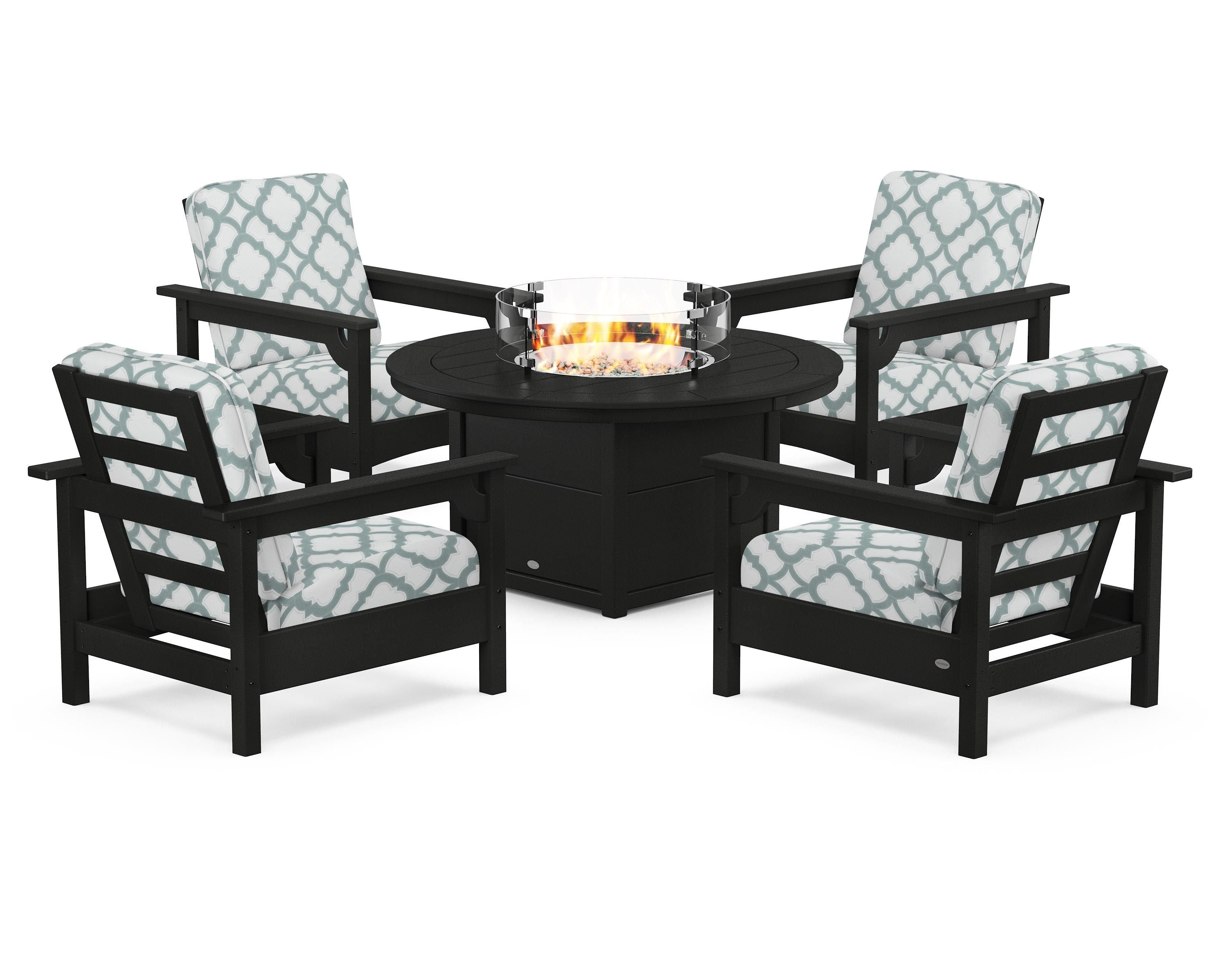 POLYWOOD® Club 5-Piece Conversation Set with Fire Pit Table in Black / Trellis Glacier Spa