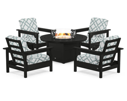 POLYWOOD® Club 5-Piece Conversation Set with Fire Pit Table in Black / Trellis Glacier Spa