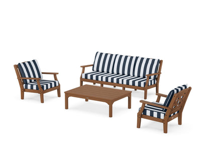 Martha Stewart by POLYWOOD® Chinoiserie 4-Piece Deep Seating Set with Sofa in Teak / Cabana Stripe Marine Indigo