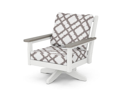 POLYWOOD® Chippendale Deep Seating Swivel Chair in White / Driftwood / Trellis Grey Mist