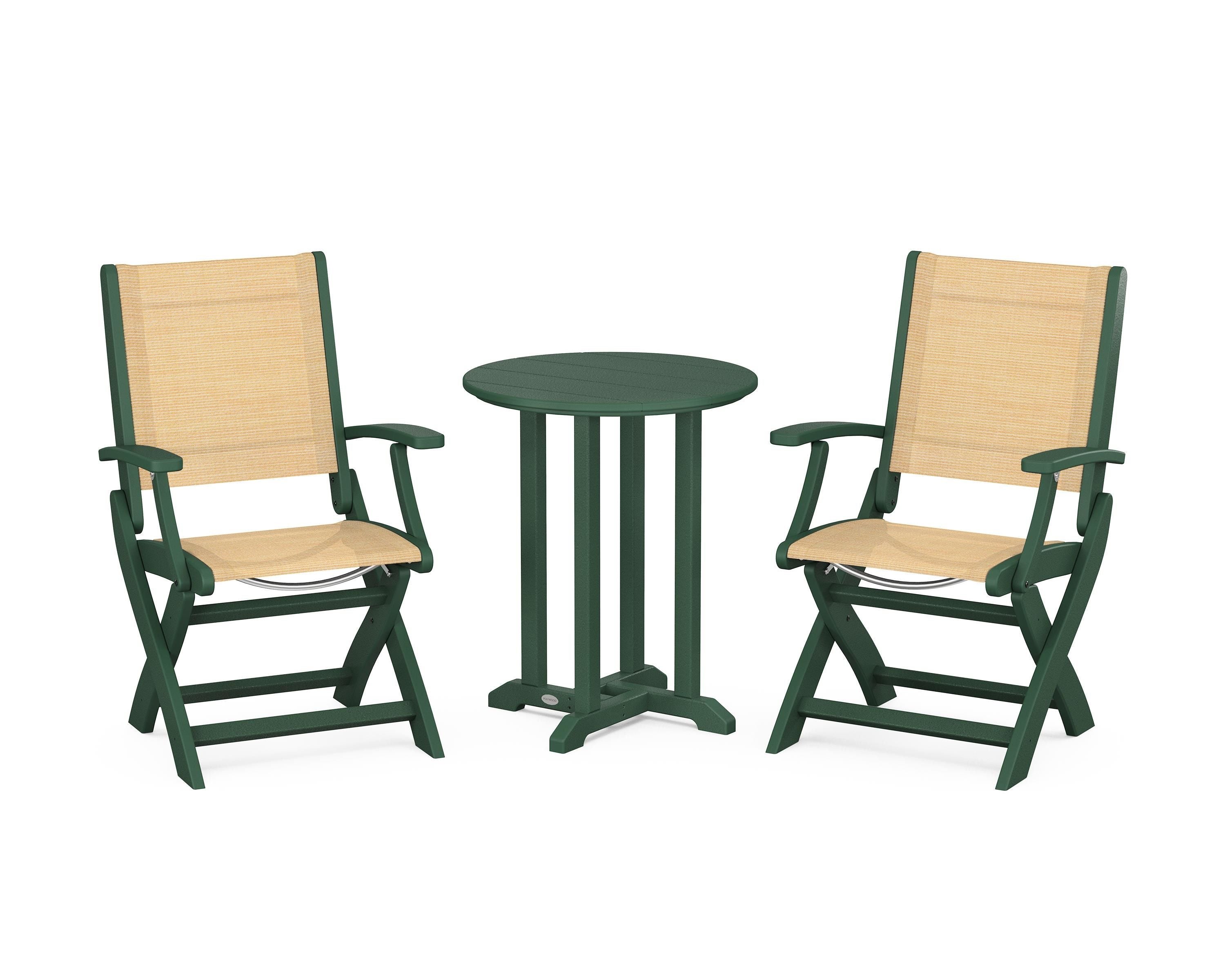 POLYWOOD® Coastal Folding 3-Piece Round Bistro Dining Set in Green / Dupioni Apricot Sling