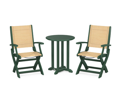 POLYWOOD® Coastal Folding 3-Piece Round Bistro Dining Set in Green / Dupioni Apricot Sling