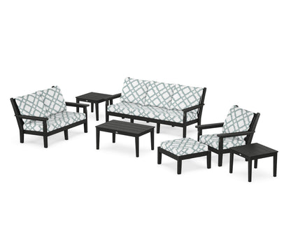 POLYWOOD® Chippendale 7-Piece Deep Seating Set in Black / Trellis Glacier Spa